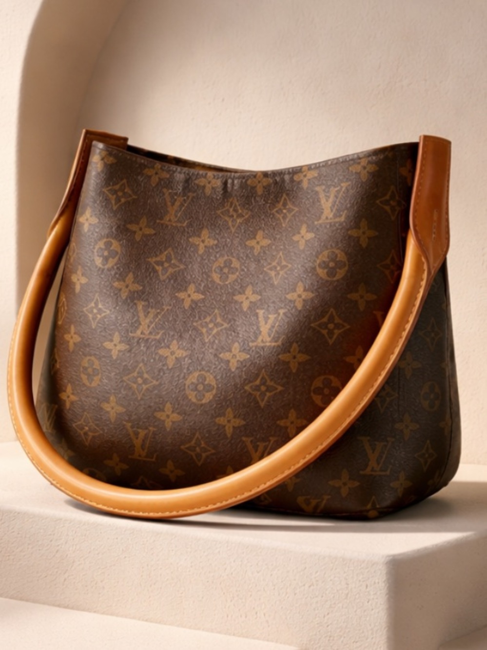 Louis Vuitton MM Looping Brown and Tan Monogram Shoulder Bag.